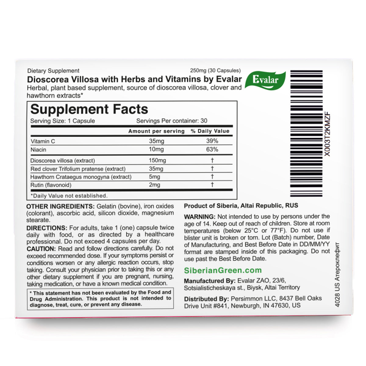 Dioscorea Villosa Wild Yam Red Clover by Evalar Ateroklefit Herb 30 Caps