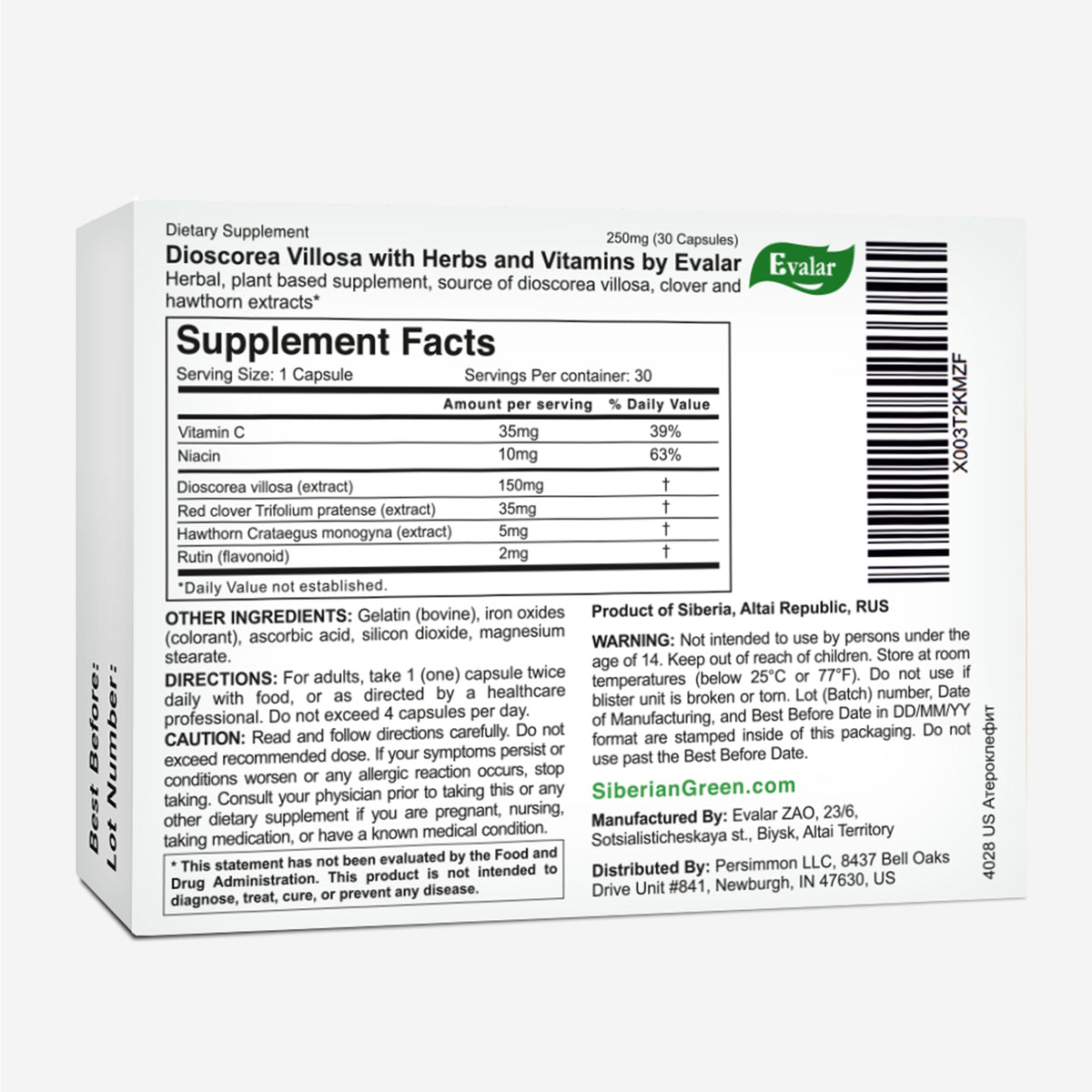 Dioscorea Villosa Wild Yam Red Clover by Evalar Ateroklefit Herb 30 Caps