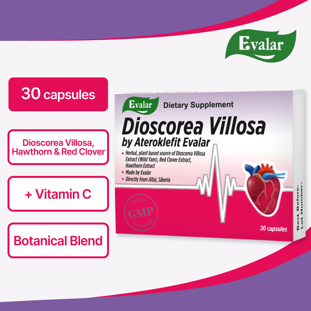 Dioscorea Villosa Wild Yam Red Clover by Evalar Ateroklefit Herb 30 Caps