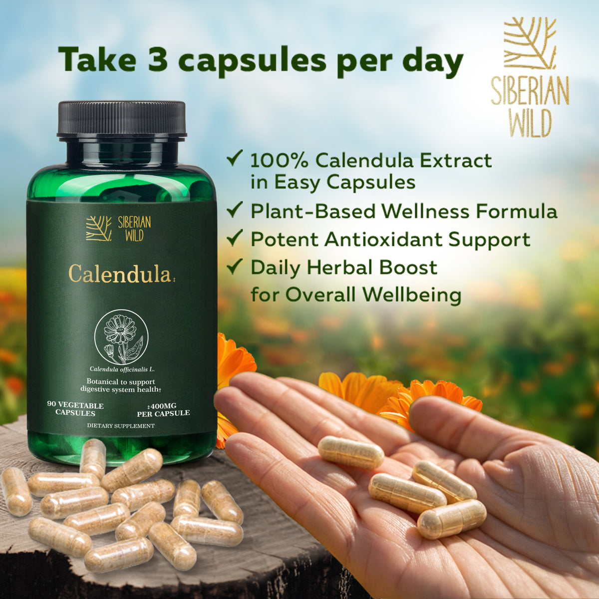 Siberian Wild Calendula Capsules – 1800mg – 90 Vegan Capsules