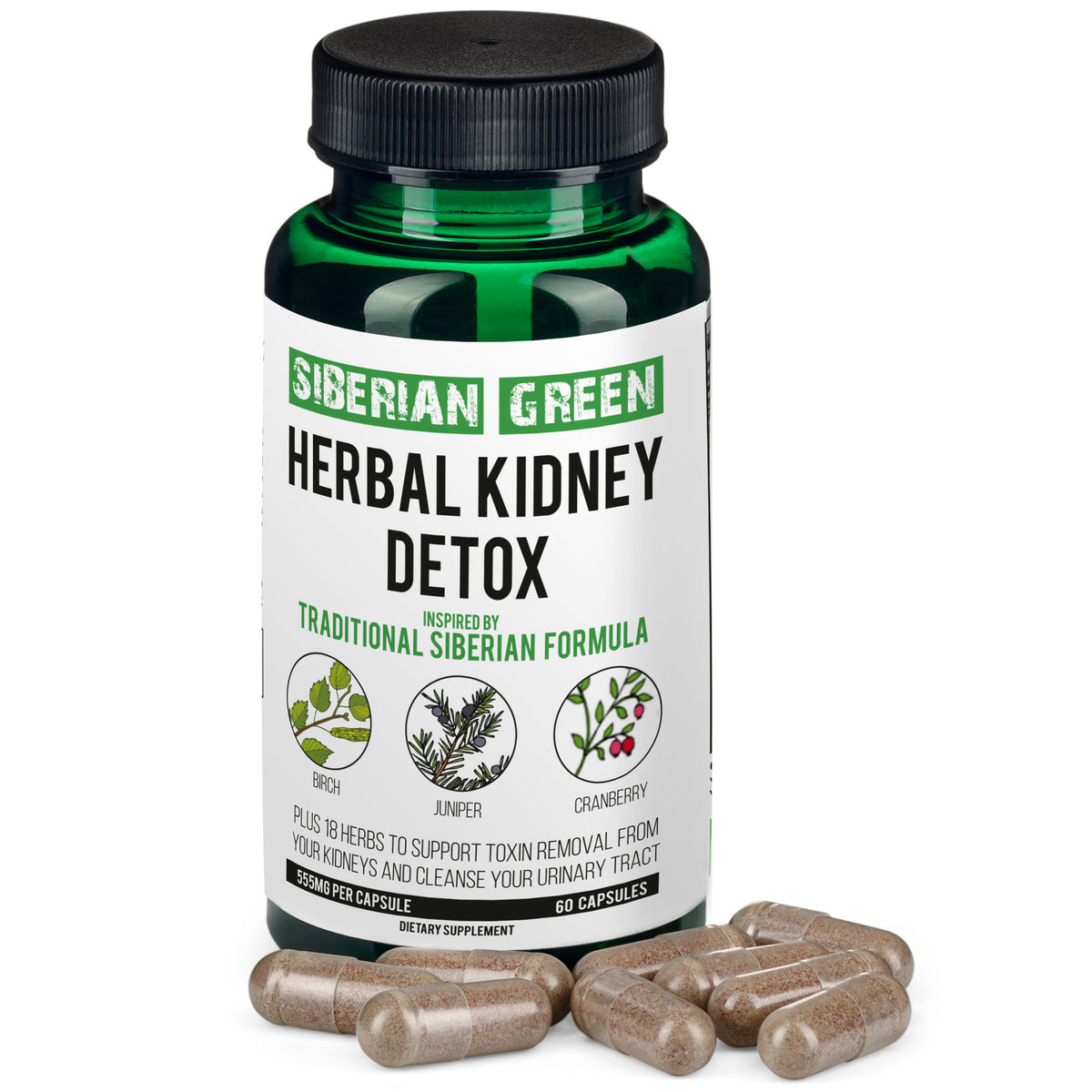 Siberian Green Herbal Kidney Detox 60 Capsules – Cranberry Birch Juniper Traditional Siberian Formula