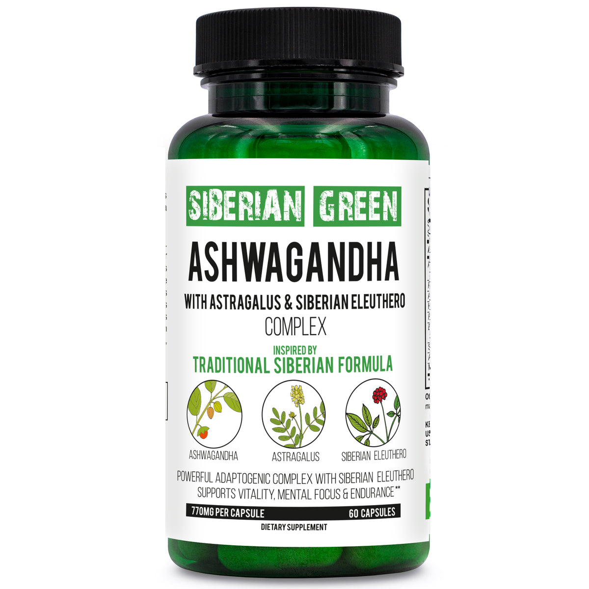 Siberian Green Organic Ashwagandha Root with Astragalus & Siberian Eleuthero Ginseng Complex 60 Capsules Powerful Herbal Support