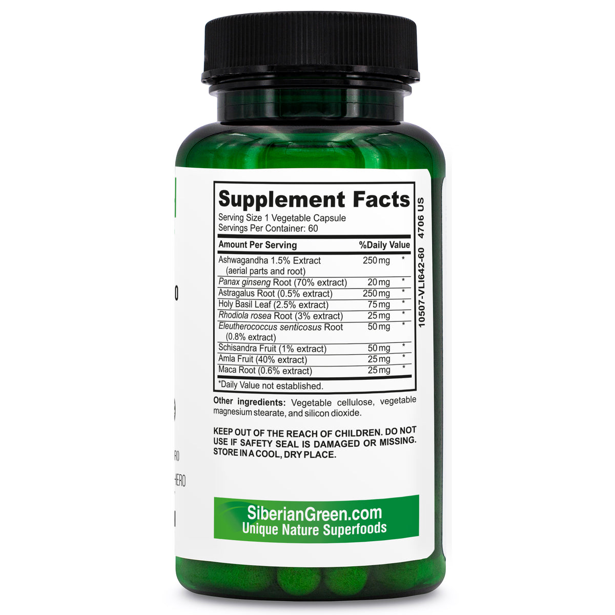 Siberian Green Organic Ashwagandha Root with Astragalus & Siberian Eleuthero Ginseng Complex 60 Capsules Powerful Herbal Support