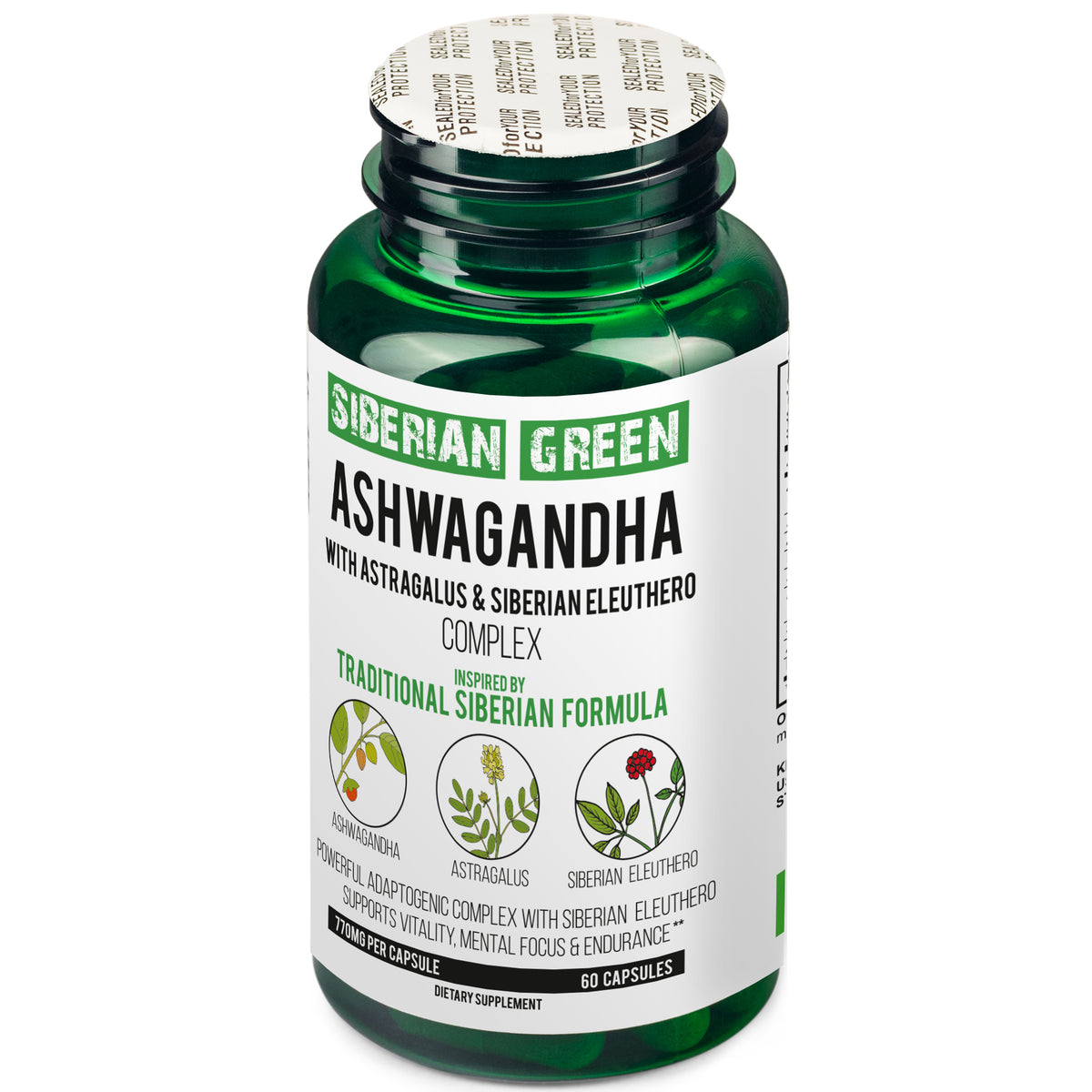 Siberian Green Organic Ashwagandha Root with Astragalus & Siberian Eleuthero Ginseng Complex 60 Capsules Powerful Herbal Support