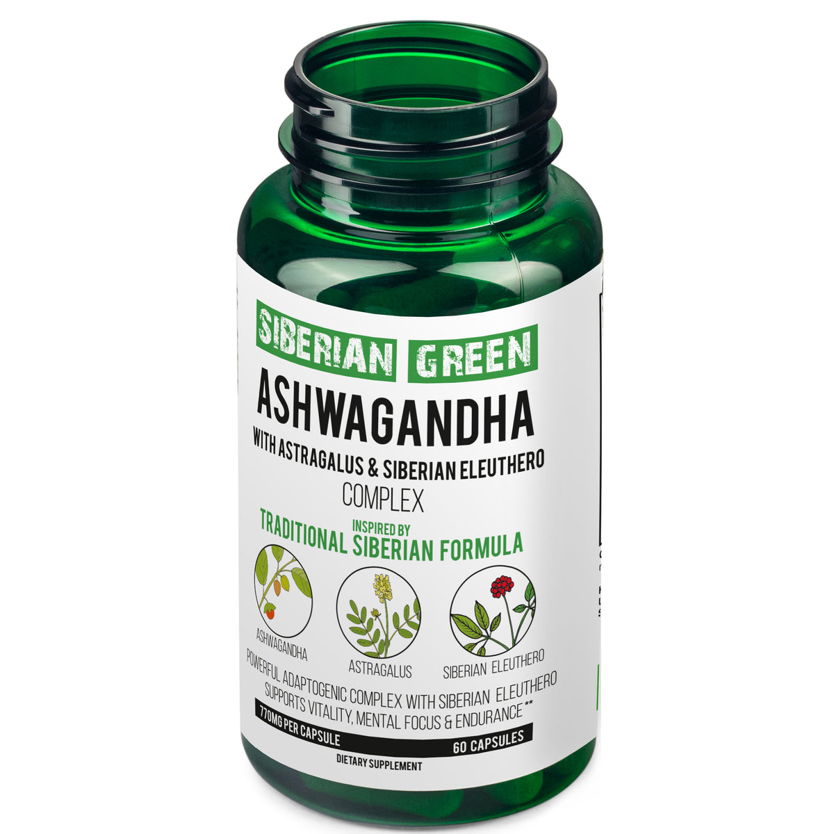 Siberian Green Organic Ashwagandha Root with Astragalus & Siberian Eleuthero Ginseng Complex 60 Capsules Powerful Herbal Support