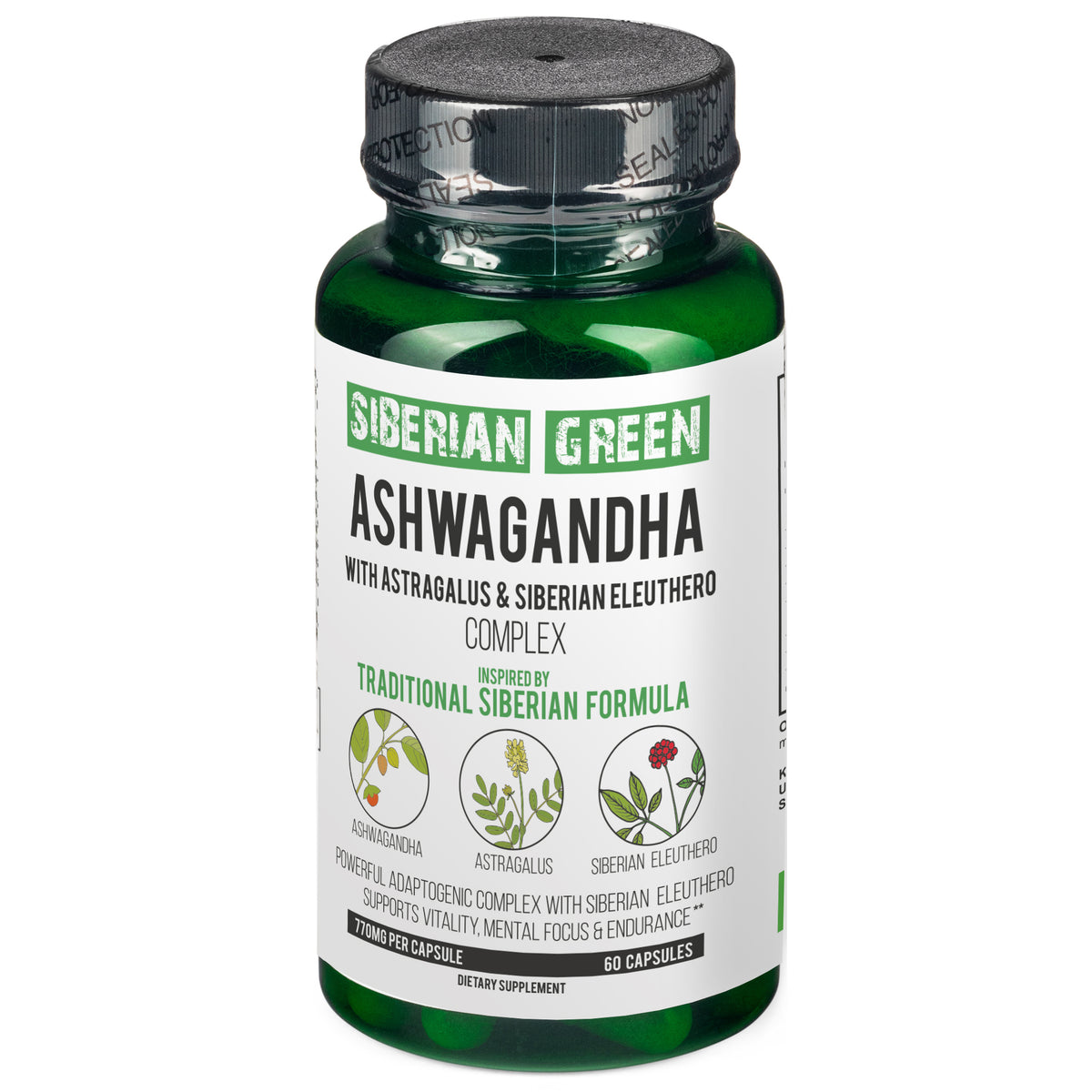 Siberian Green Organic Ashwagandha Root with Astragalus & Siberian Eleuthero Ginseng Complex 60 Capsules Powerful Herbal Support