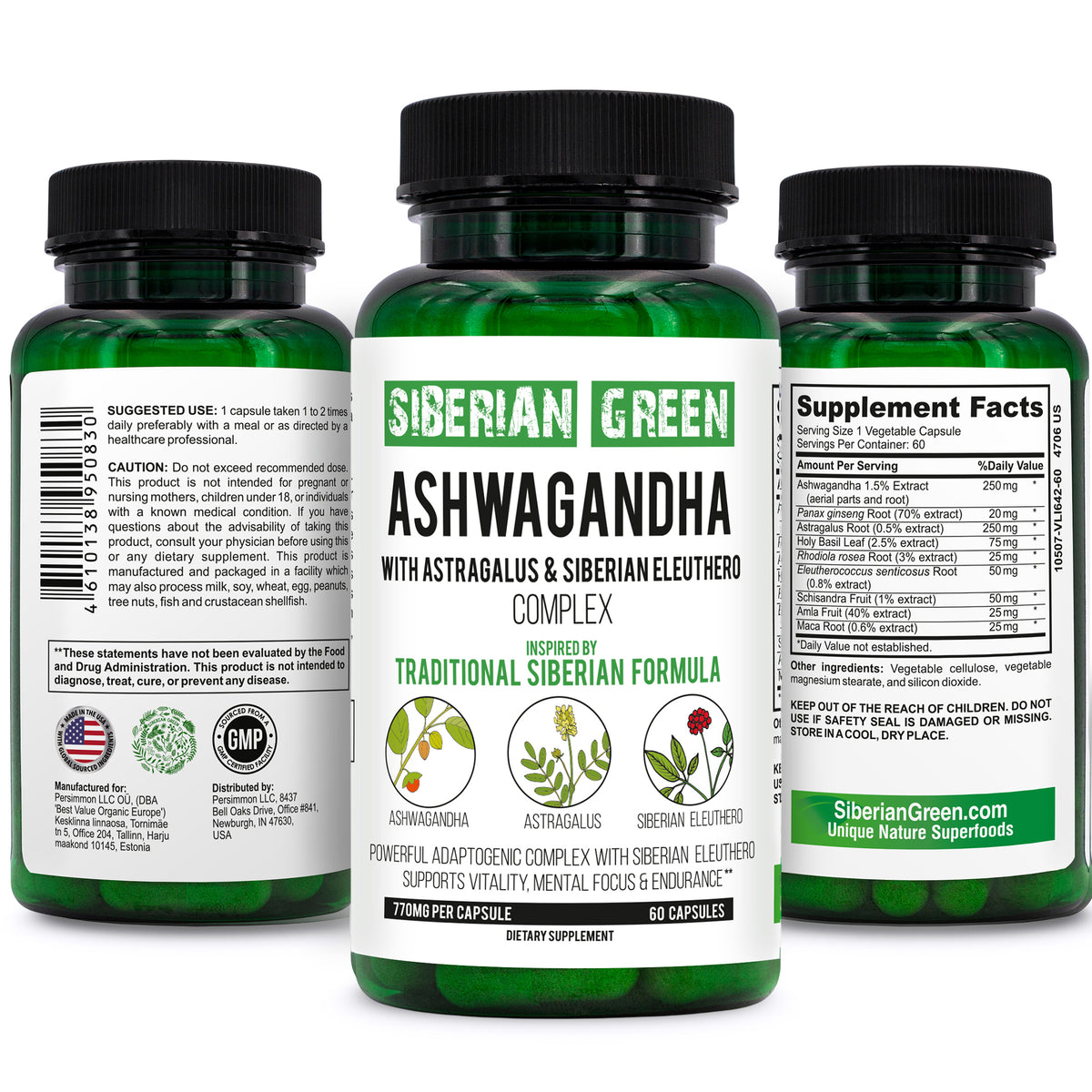 Siberian Green Organic Ashwagandha Root with Astragalus & Siberian Eleuthero Ginseng Complex 60 Capsules Powerful Herbal Support