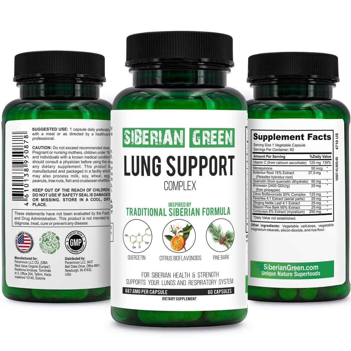 Siberian Green Lung Support Complex 60 Capsules - Traditional Formula Supplement Rich in Quercetin, Citrus Bioflavonoids, Pine Bark