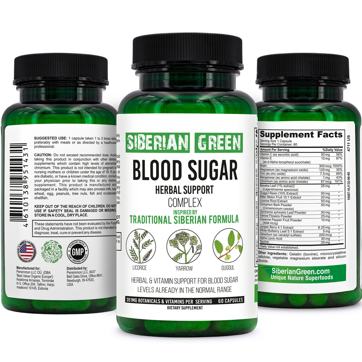 Siberian Green Blood Sugar Herbal Support - Yarrow Guggul Licorice - 60 Capsules - Traditional Siberian Formula