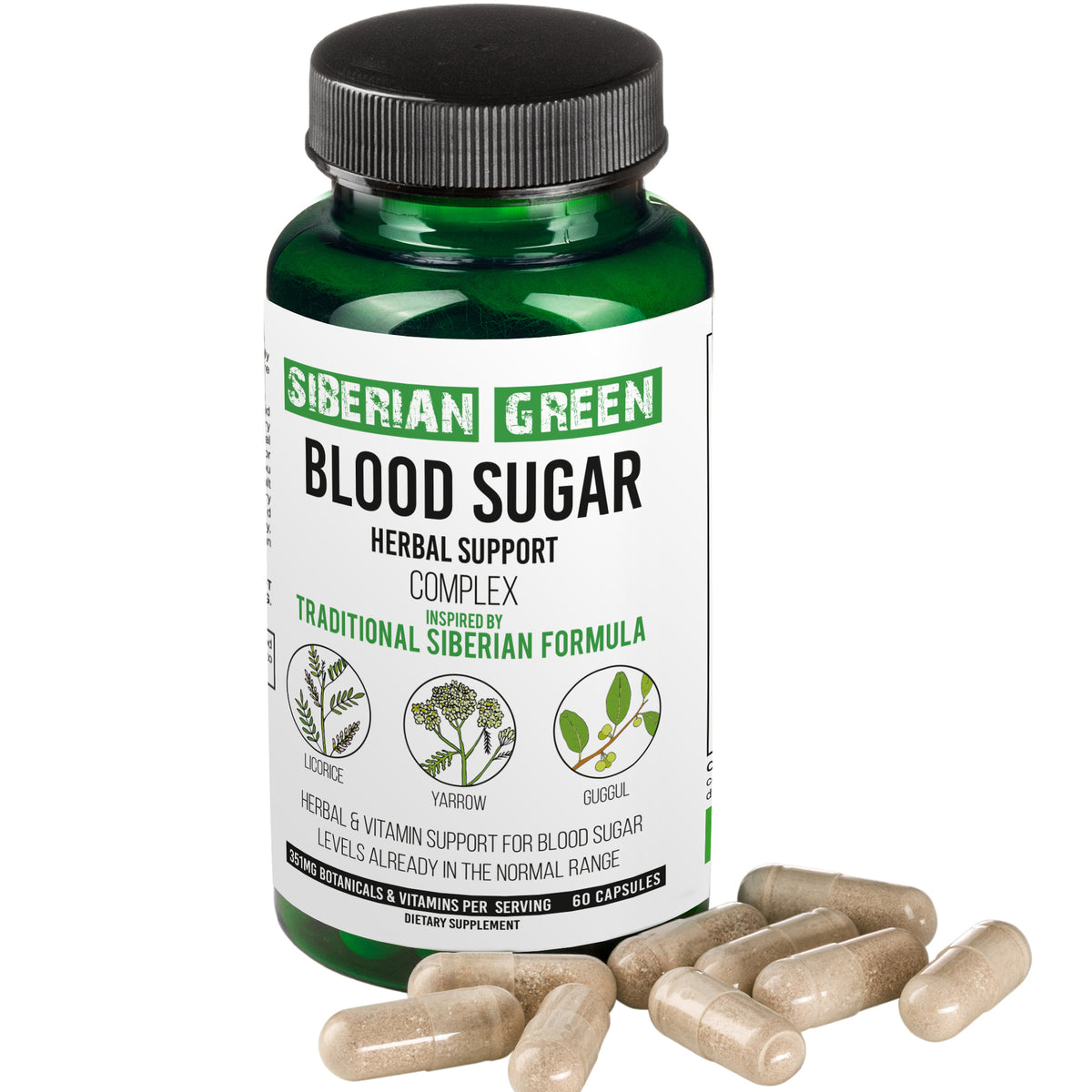 Siberian Green Blood Sugar Herbal Support - Yarrow Guggul Licorice - 60 Capsules - Traditional Siberian Formula