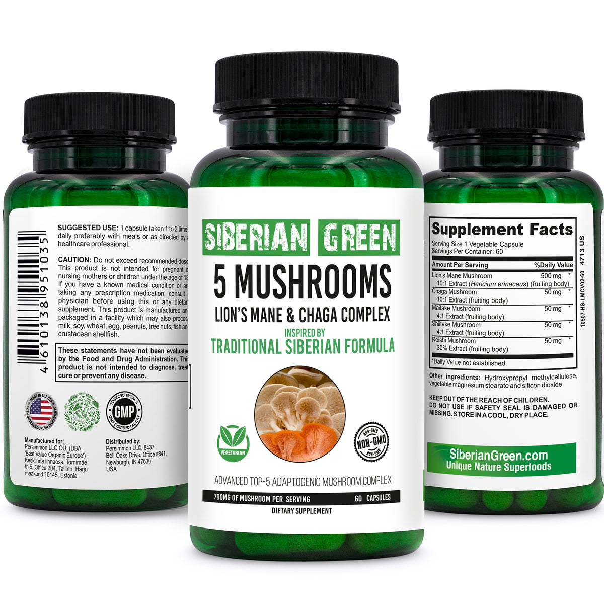 5 Mushrooms Siberian Green Lions Mane Chaga Shiitake Maitake Reishi 60 Caps