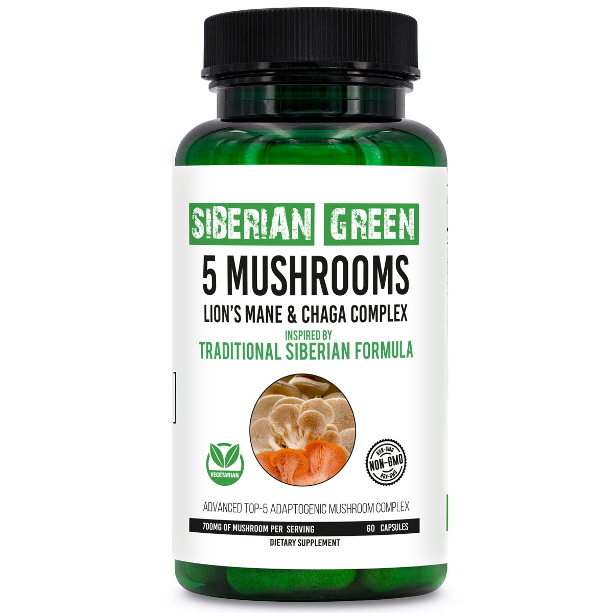 5 Mushrooms Siberian Green Lions Mane Chaga Shiitake Maitake Reishi 60 Caps