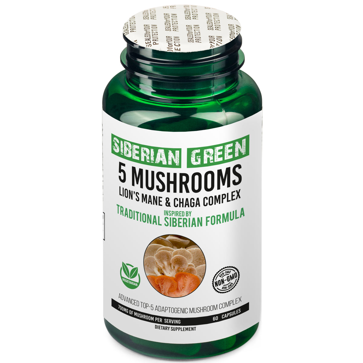 5 Mushrooms Siberian Green Lions Mane Chaga Shiitake Maitake Reishi 60 Caps