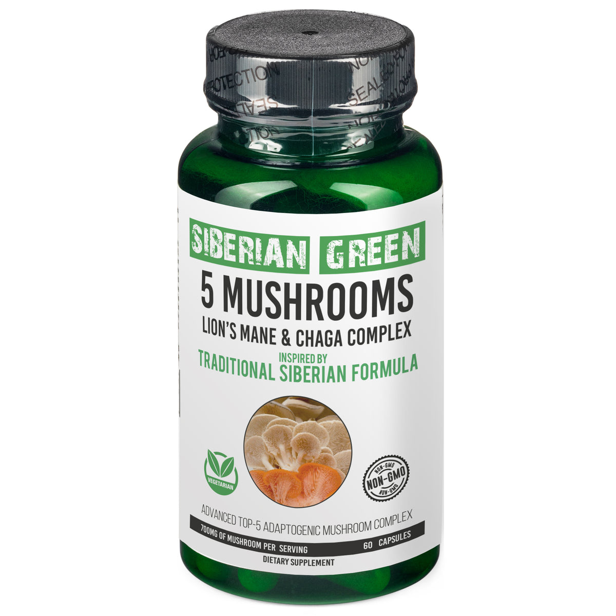 5 Mushrooms Siberian Green Lions Mane Chaga Shiitake Maitake Reishi 60 Caps
