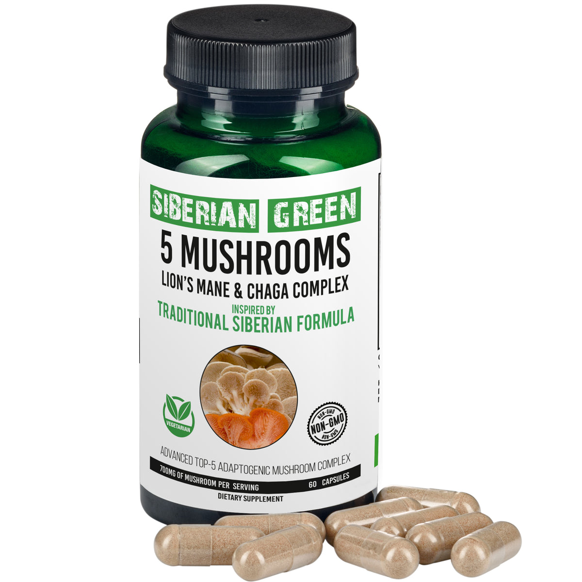 5 Mushrooms Siberian Green Lions Mane Chaga Shiitake Maitake Reishi 60 Caps