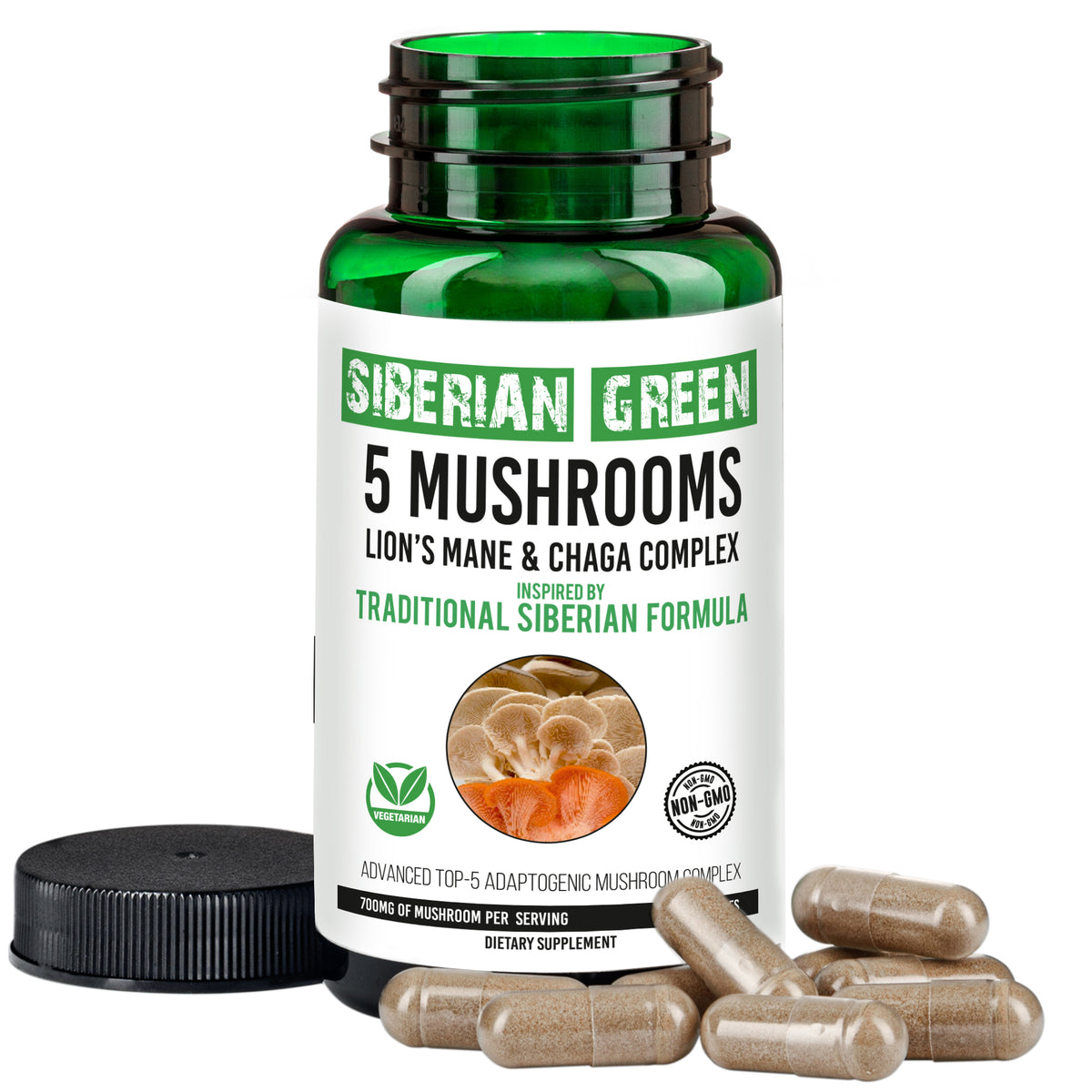 5 Mushrooms Siberian Green Lions Mane Chaga Shiitake Maitake Reishi 60 Caps