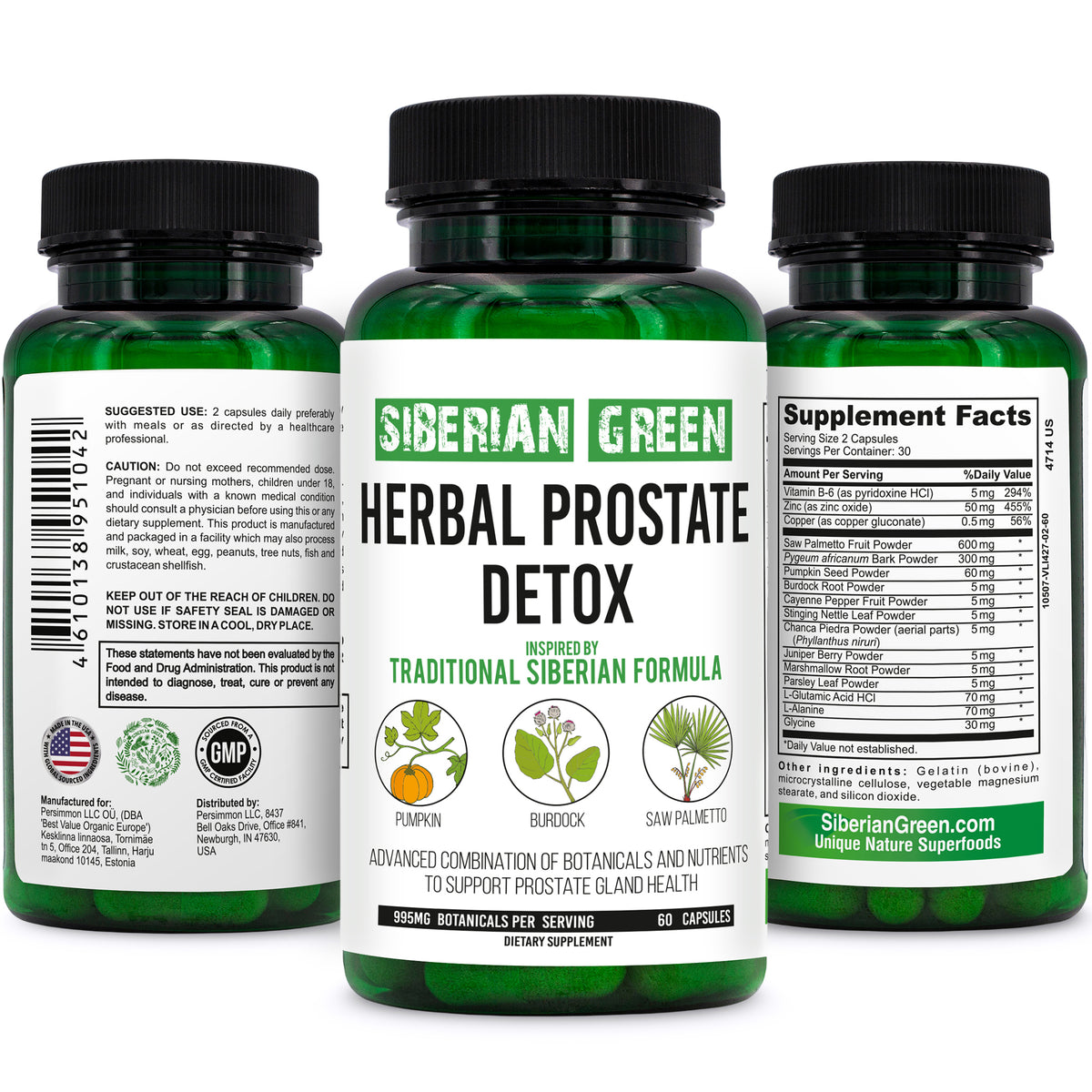 Siberian Green Herbal Prostate Detox 60 Capsules – Saw Palmetto Burdock Pumpkin Traditional Siberian Formula