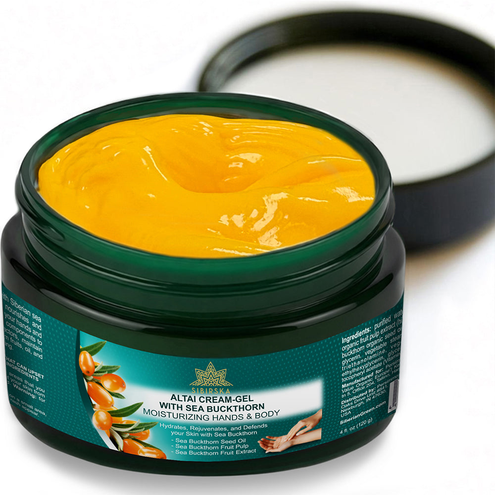 Altai Sibirska Sea Buckthorn Cream Gel for Hands and Body 4 fl oz (120 g) – Fast Absorbing Moisturizer for Dry Skin Premium Omega 7