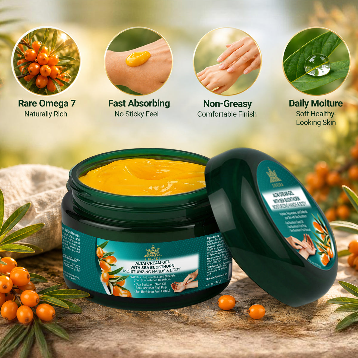 Sibirska Altai Sea Buckthorn Omega 7 Cream Gel 120 g Rare Hand and Body Moisturiser for Dry Skin