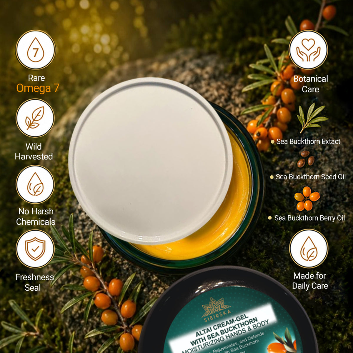 Sibirska Altai Sea Buckthorn Omega 7 Cream Gel 120 g Rare Hand and Body Moisturiser for Dry Skin