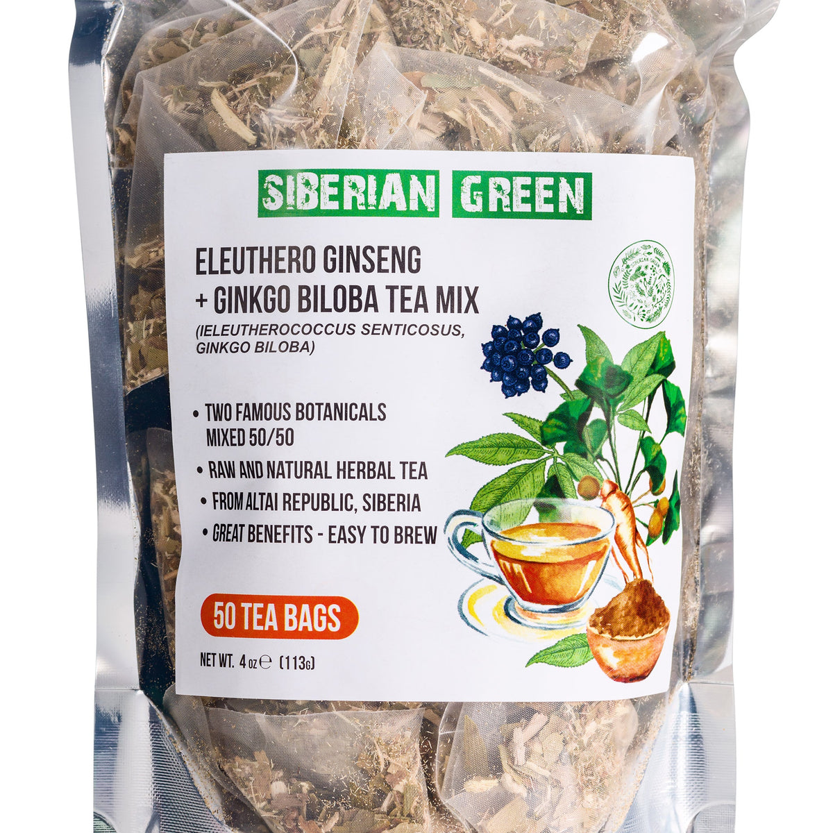 Premium herbal blend of Ginkgo Biloba and Eleuthero Root tea
