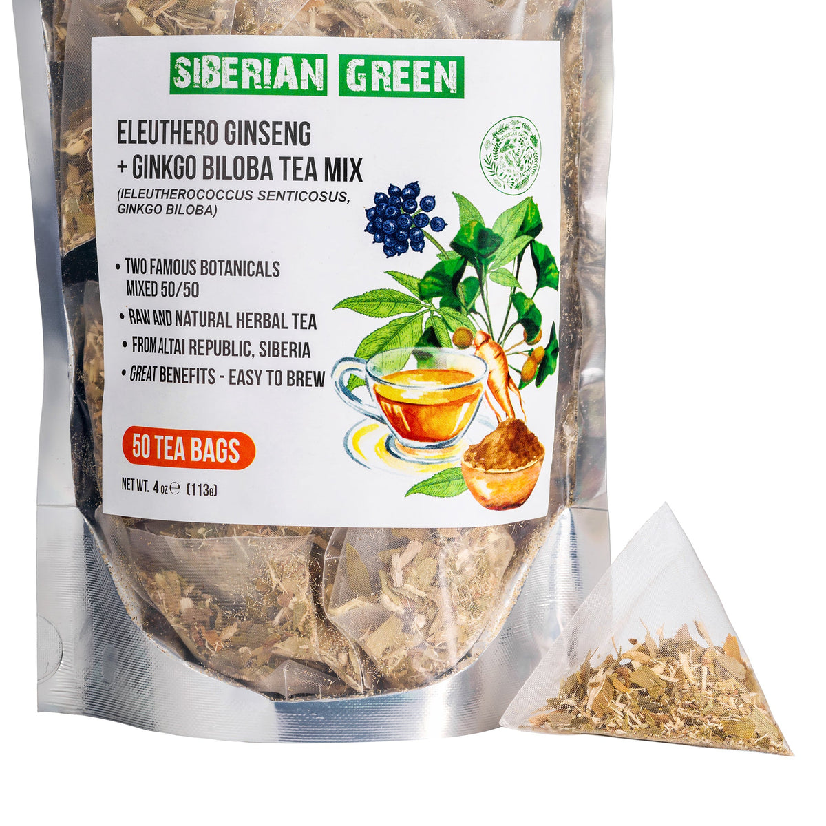 Siberian Green Ginkgo Biloba &amp; Eleuthero Root Tea – 50 bags pack