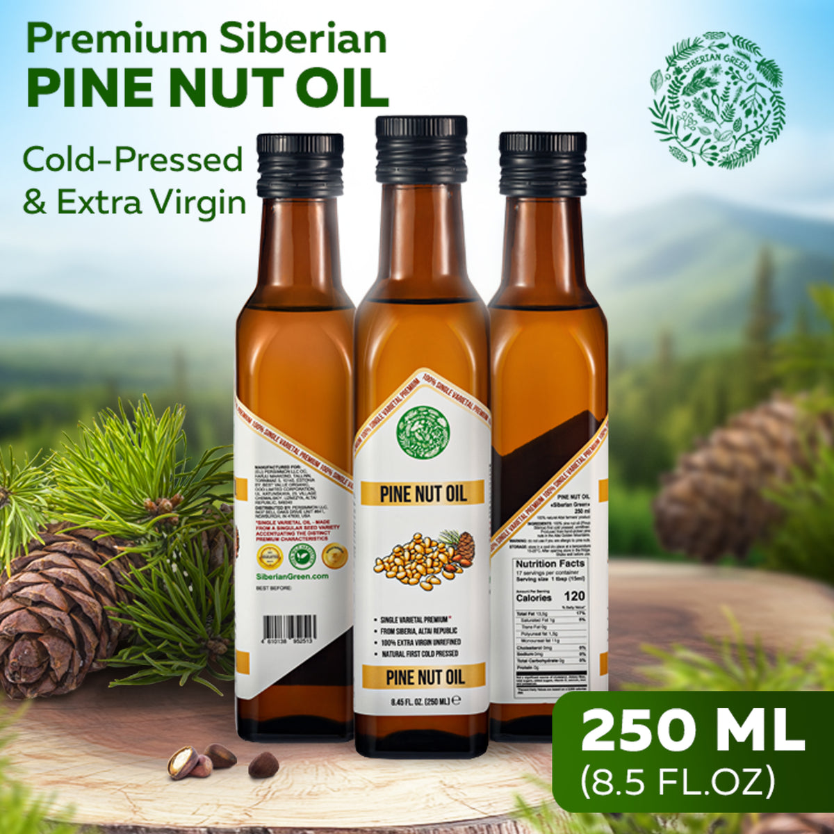 Siberian Green Organic Pine Nut Oil - Cold Pressed 250ml (Glass Bottle)