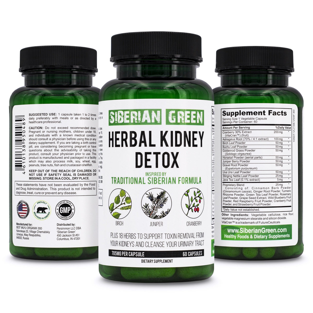 Siberian Green Herbal Kidney Detox 60 Capsules – Cranberry Birch Juniper Traditional Siberian Formula