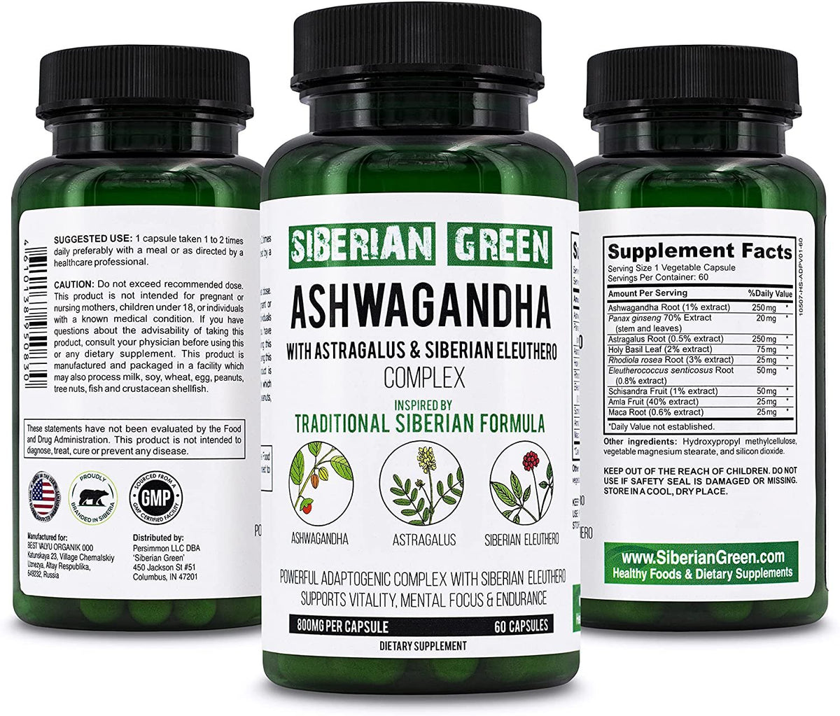Siberian Green Organic Ashwagandha Root with Astragalus &amp; Siberian Eleuthero Ginseng Complex 60 Capsules Powerful Herbal Support