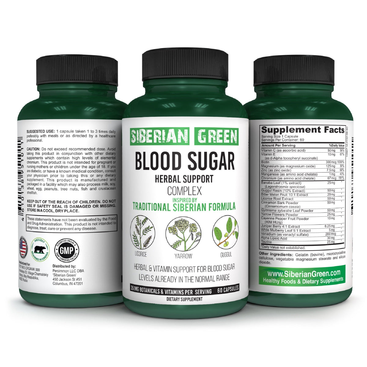 Siberian Green Blood Sugar Herbal Support - Yarrow Guggul Licorice - 60 Capsules - Traditional Siberian Formula